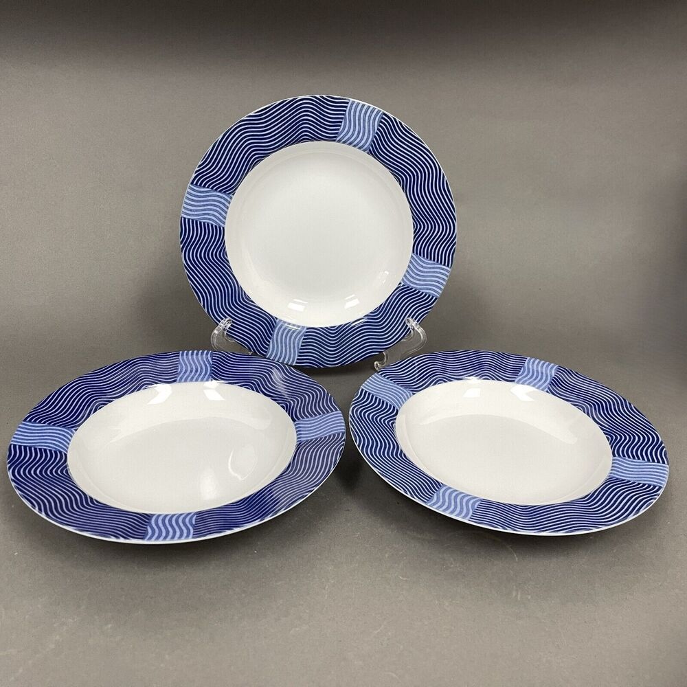 Crate‎ & Barrel Rafia Blue White Waves Wavy Bowls Lead & Cadmium Free Lot of 3